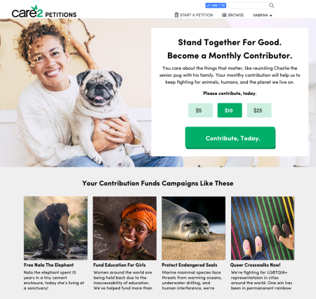 A screenshot of a website for a membership program. The photo featured is of a woman with curly hair holding a pug.